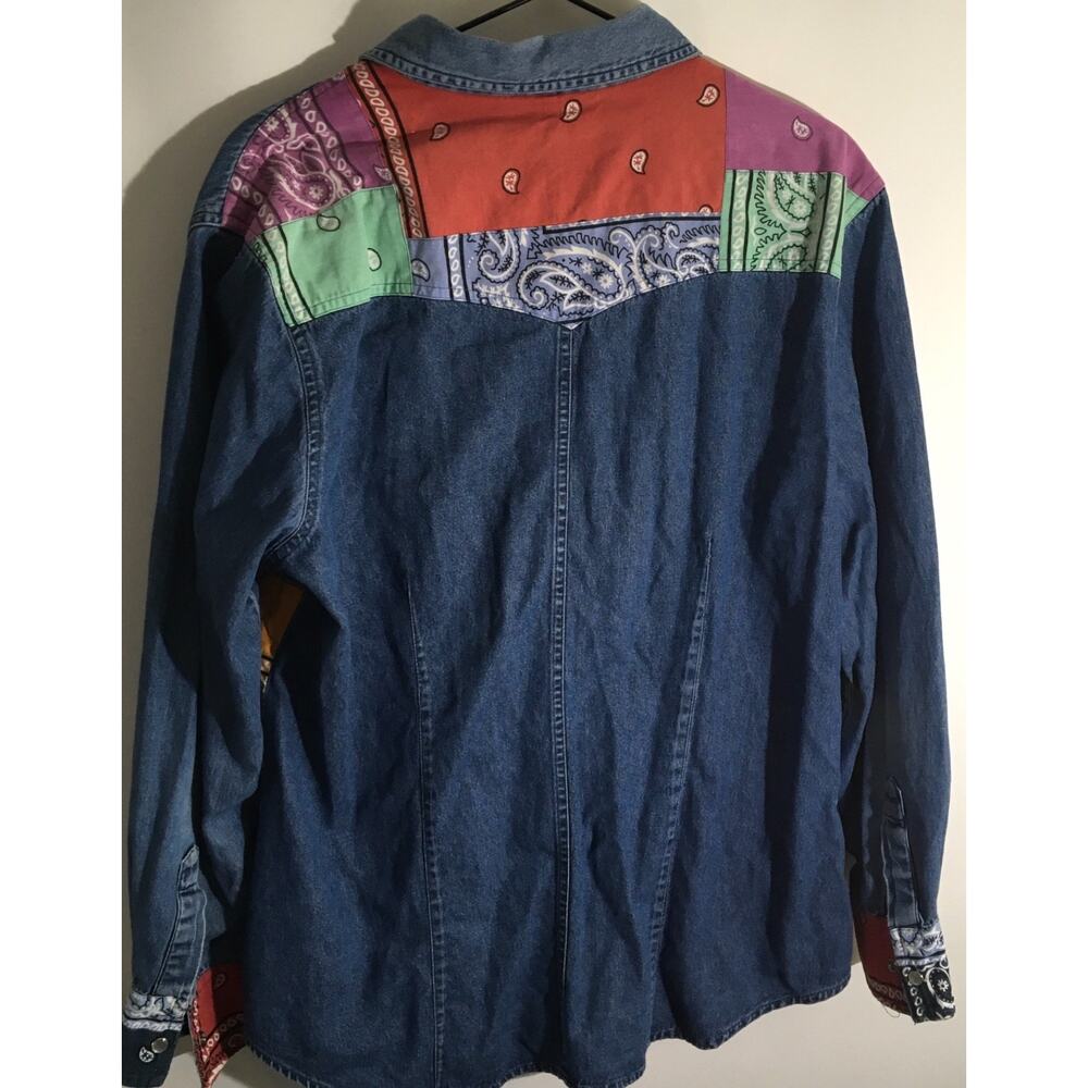 Patchwork Vintage Women's Sz XL Button up Bandana Cowgirl Multicolor Denim Shirt - Picture 5 of 5
